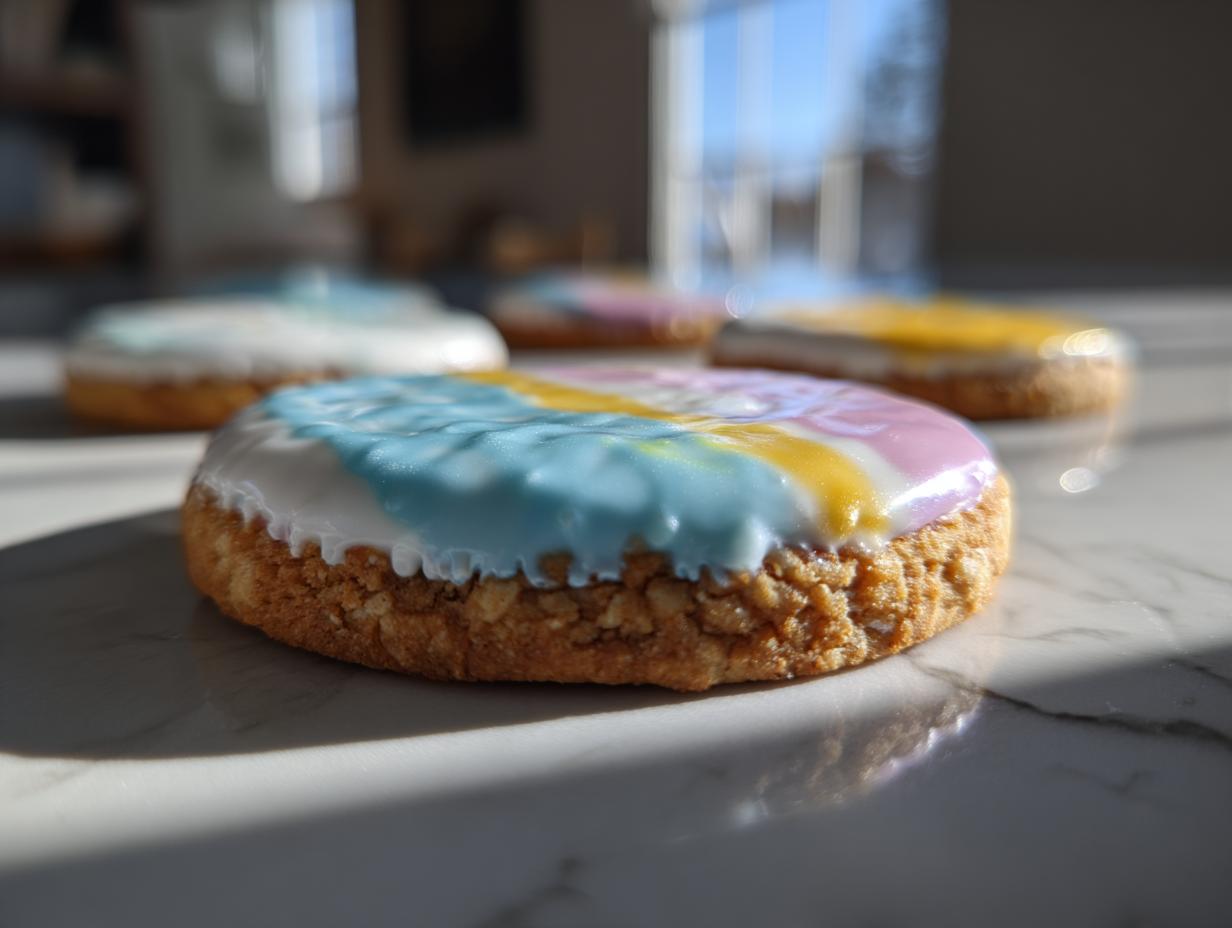 Close-up of a sugar cookie with vibrant, hardened sugar cookie icing that hardens in blue, yellow, and pink swirls.
