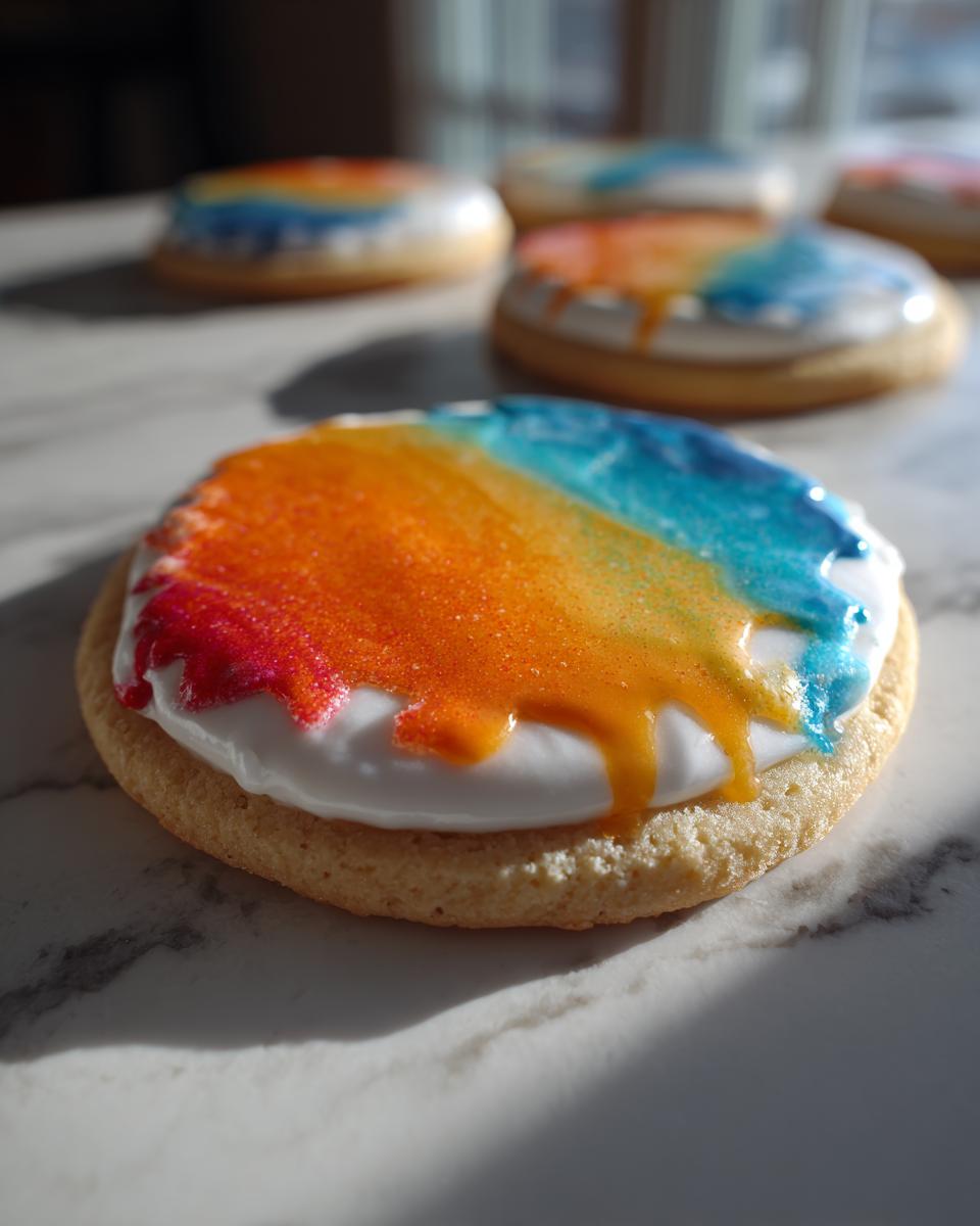 Close-up of a sugar cookie with white icing topped with vibrant, shimmering sunset colors, demonstrating sugar cookie icing that hardens.