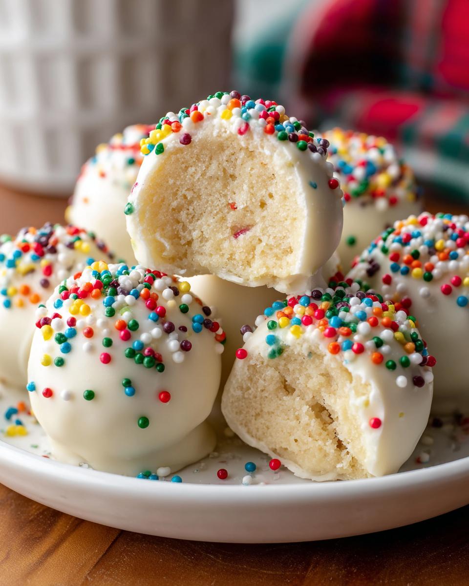 A stack of white chocolate coated sugar cookie truffles topped with colorful sprinkles, one is bitten to show the soft interior.