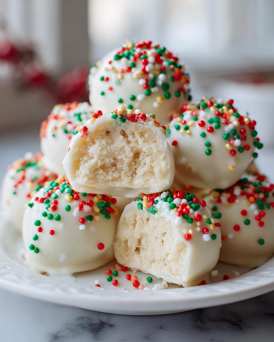 A stack of white chocolate coated sugar cookie truffles decorated with red, green, and white sprinkles, one cut in half showing the soft interior.