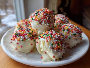 A plate of white chocolate coated sugar cookie truffles generously covered in bright, multi-colored nonpareil sprinkles.