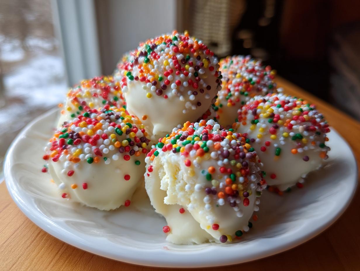 A plate of white chocolate coated sugar cookie truffles generously covered in bright, multi-colored nonpareil sprinkles.