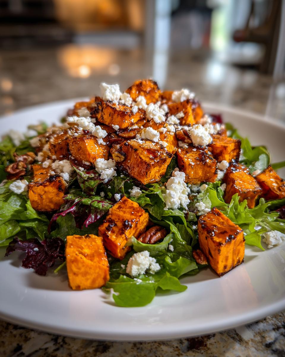 A vibrant plate of sweet potato salad featuring roasted sweet potato cubes, crumbled feta cheese, pecans, and mixed greens.