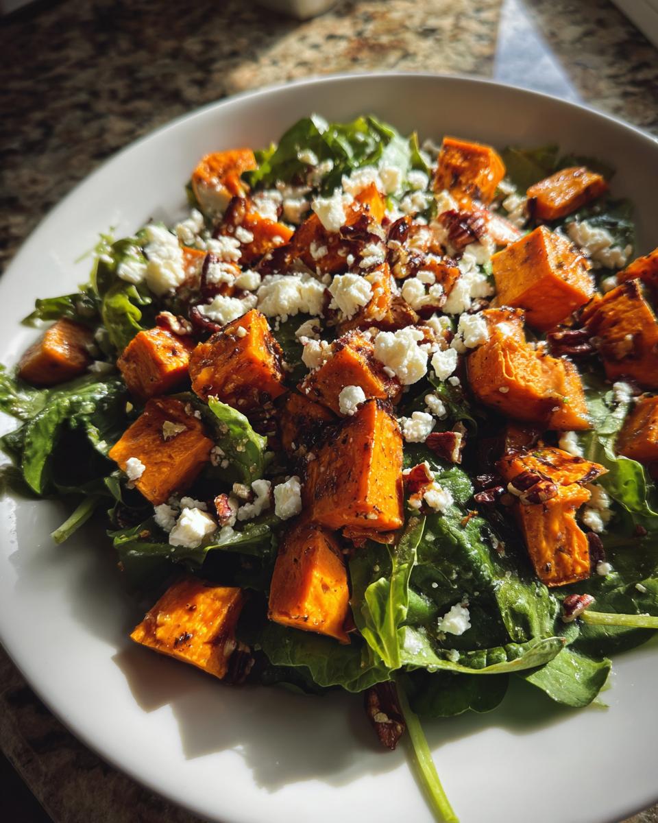 A bowl of vibrant sweet potato salad featuring roasted sweet potato cubes, spinach, crumbled feta cheese, and pecans.