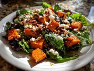 A vibrant plate of sweet potato salad featuring roasted sweet potato cubes, mixed greens, crumbled feta cheese, and pecans.
