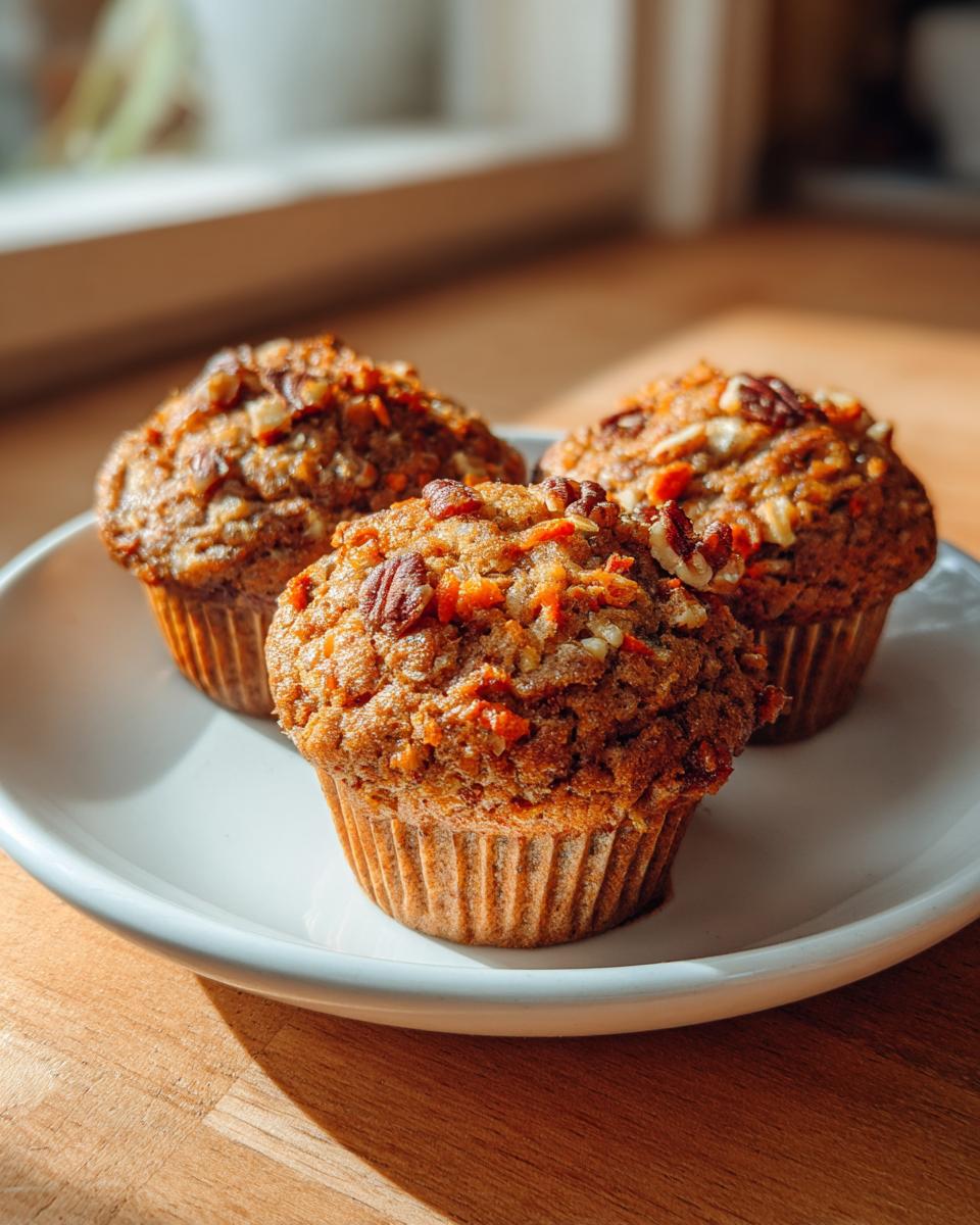 Three delicious morning glory muffins topped with pecans and shredded carrots sitting on a white plate.