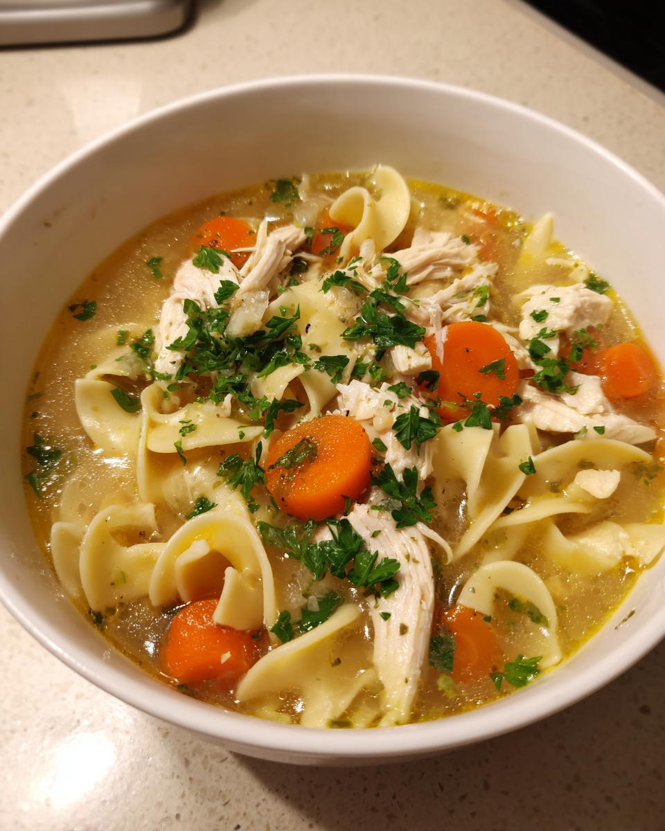 A close-up view of a white bowl filled with savory turkey noodle soup, featuring egg noodles, shredded turkey, and sliced carrots, topped with fresh parsley.