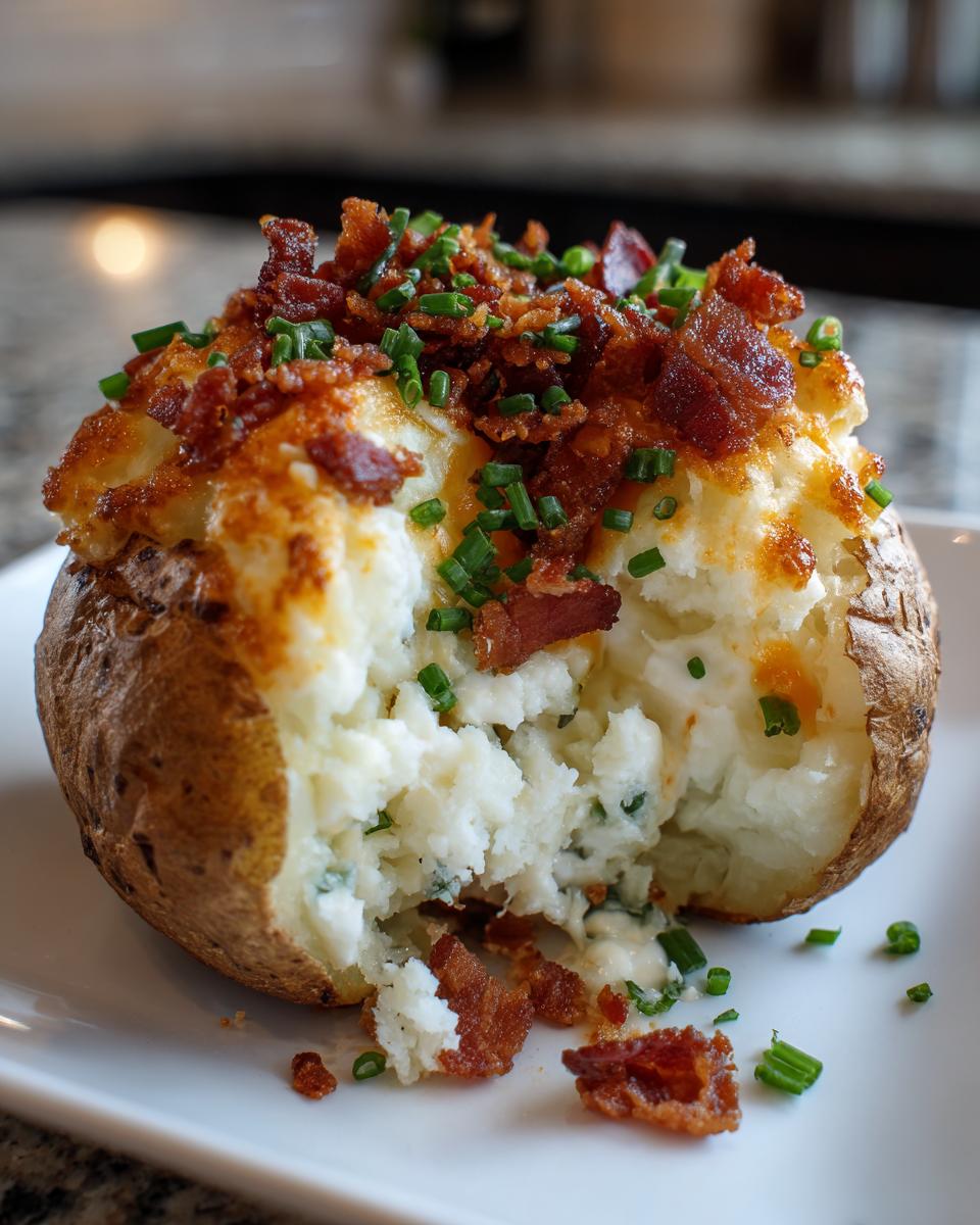 A close-up of a delicious twice baked potato, scooped out and topped generously with crispy bacon bits and fresh chives.