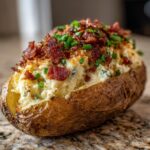 A perfectly prepared twice baked potato, stuffed with creamy filling, topped with crispy bacon bits and fresh green chives.
