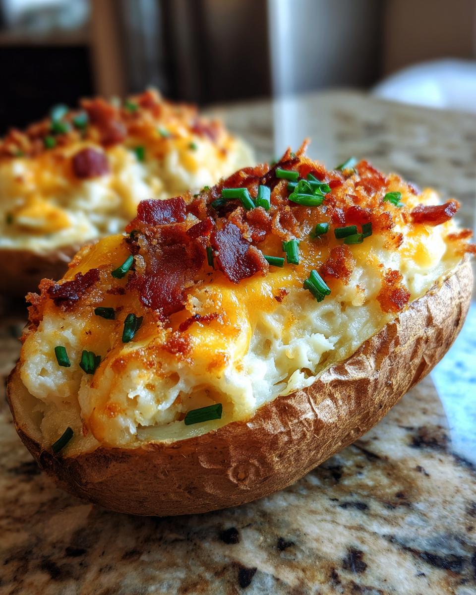 Close-up of a delicious twice baked potato stuffed with creamy filling, melted cheddar cheese, bacon bits, and fresh chives.