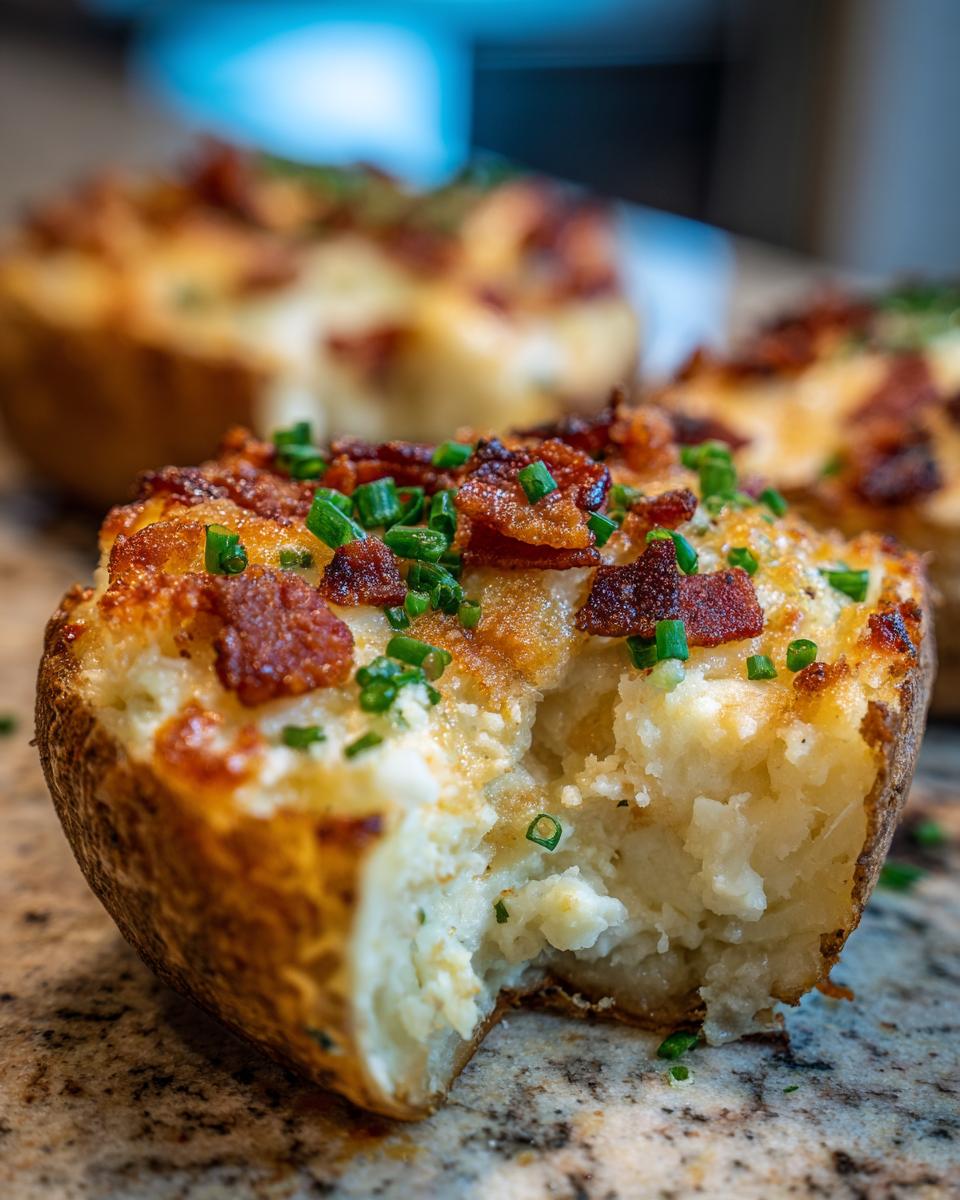 A close-up of a twice baked potato half with a bite taken out, showing creamy filling topped with crispy bacon and green chives.