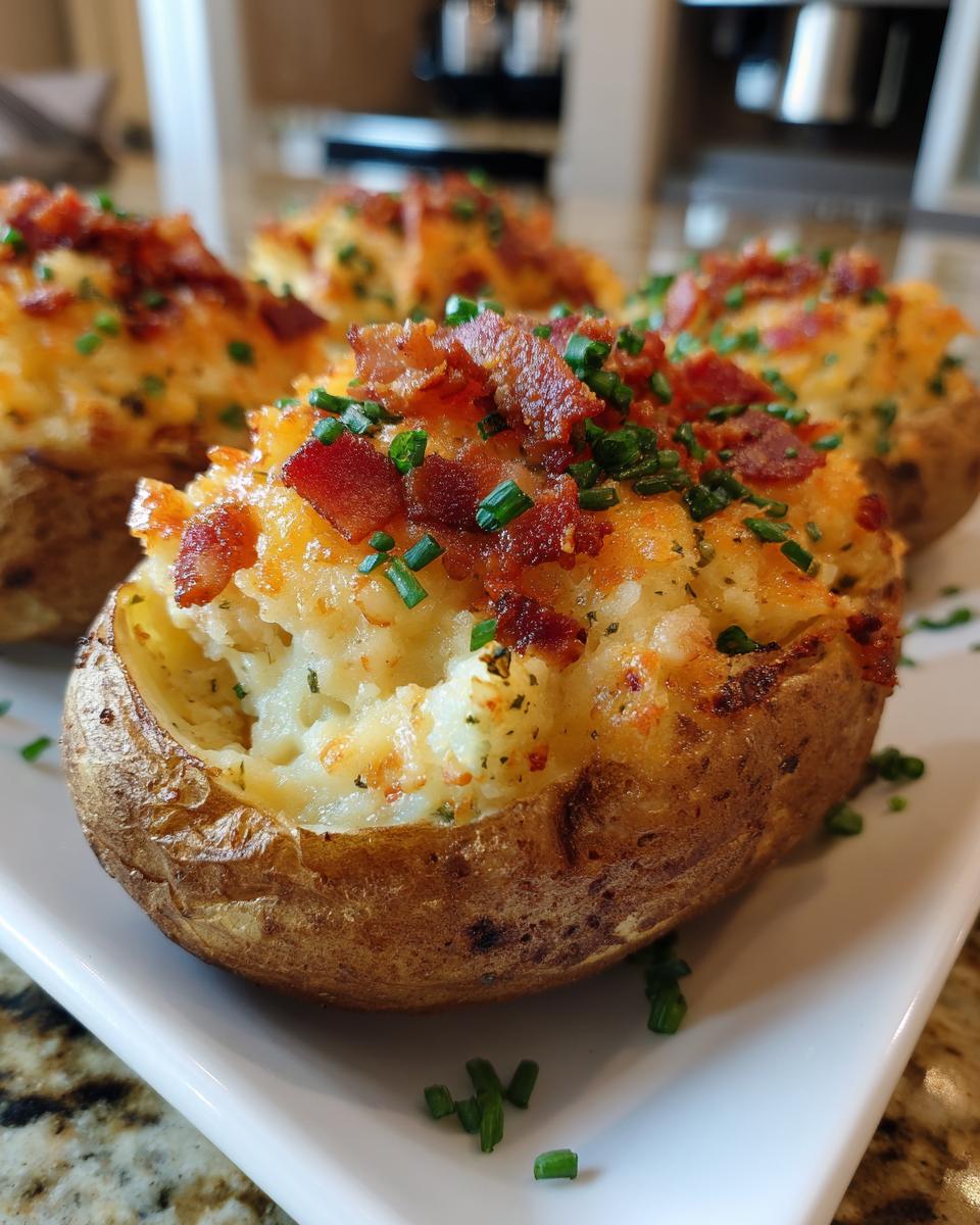Close-up of a perfectly prepared twice baked potato, loaded with creamy filling, melted cheese, bacon bits, and fresh chives.