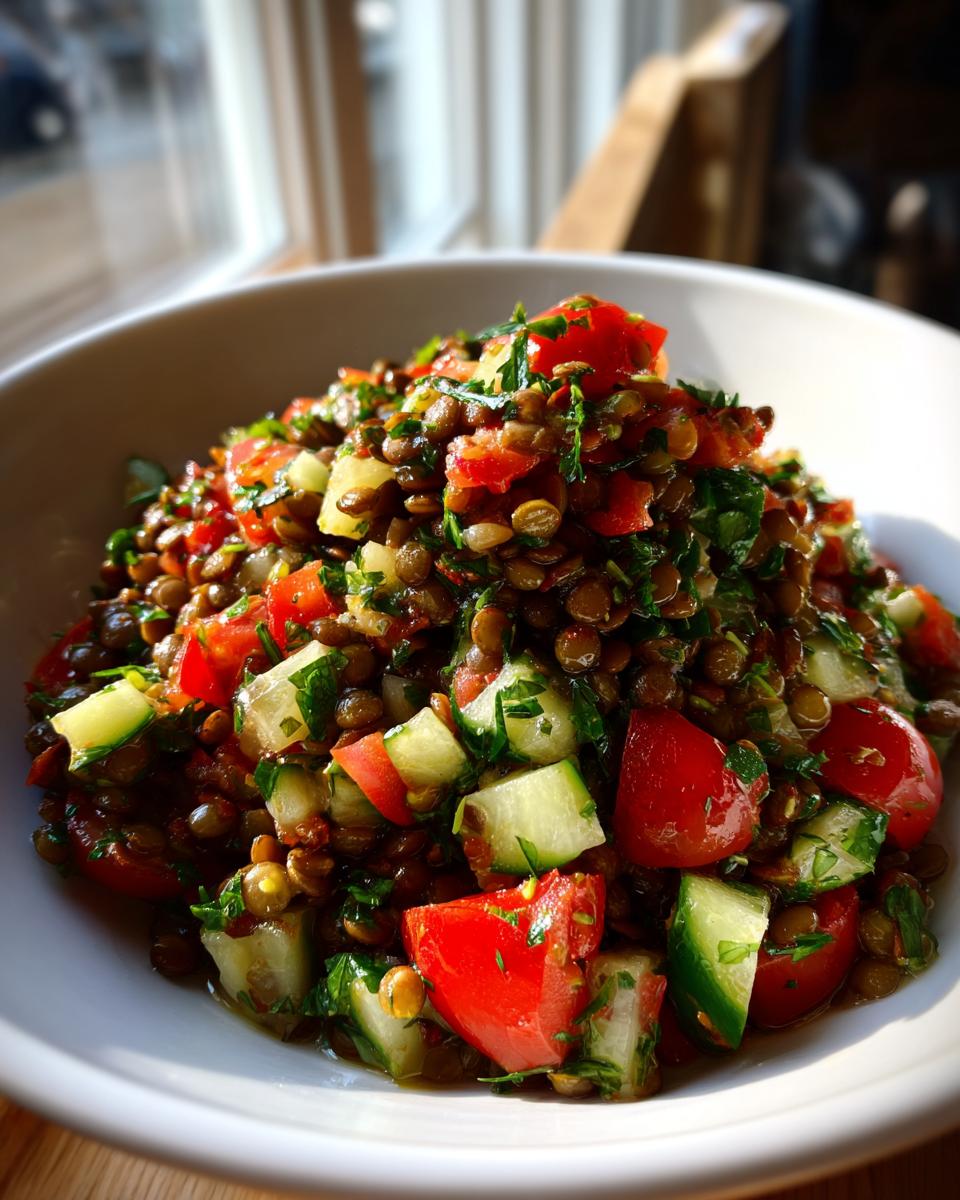Close-up of a fresh lentil salad mixed with diced tomatoes, cucumber chunks, and fresh parsley.