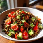 Close-up of a bright, healthy lentil salad mixed with chopped cherry tomatoes, cucumber chunks, and fresh parsley.