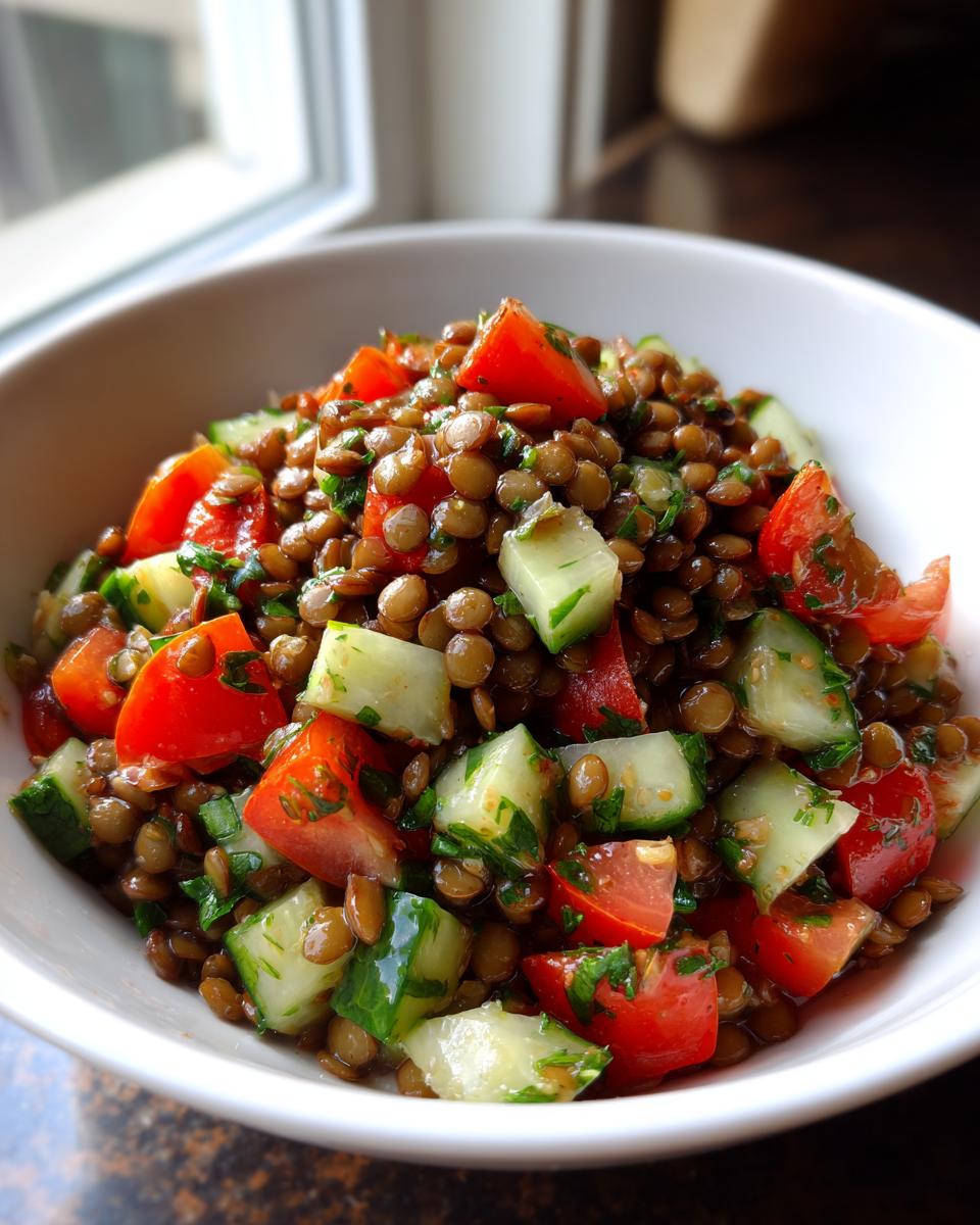 Close-up of a vibrant lentil salad featuring brown lentils, diced red tomatoes, and chunks of fresh cucumber in a white bowl.